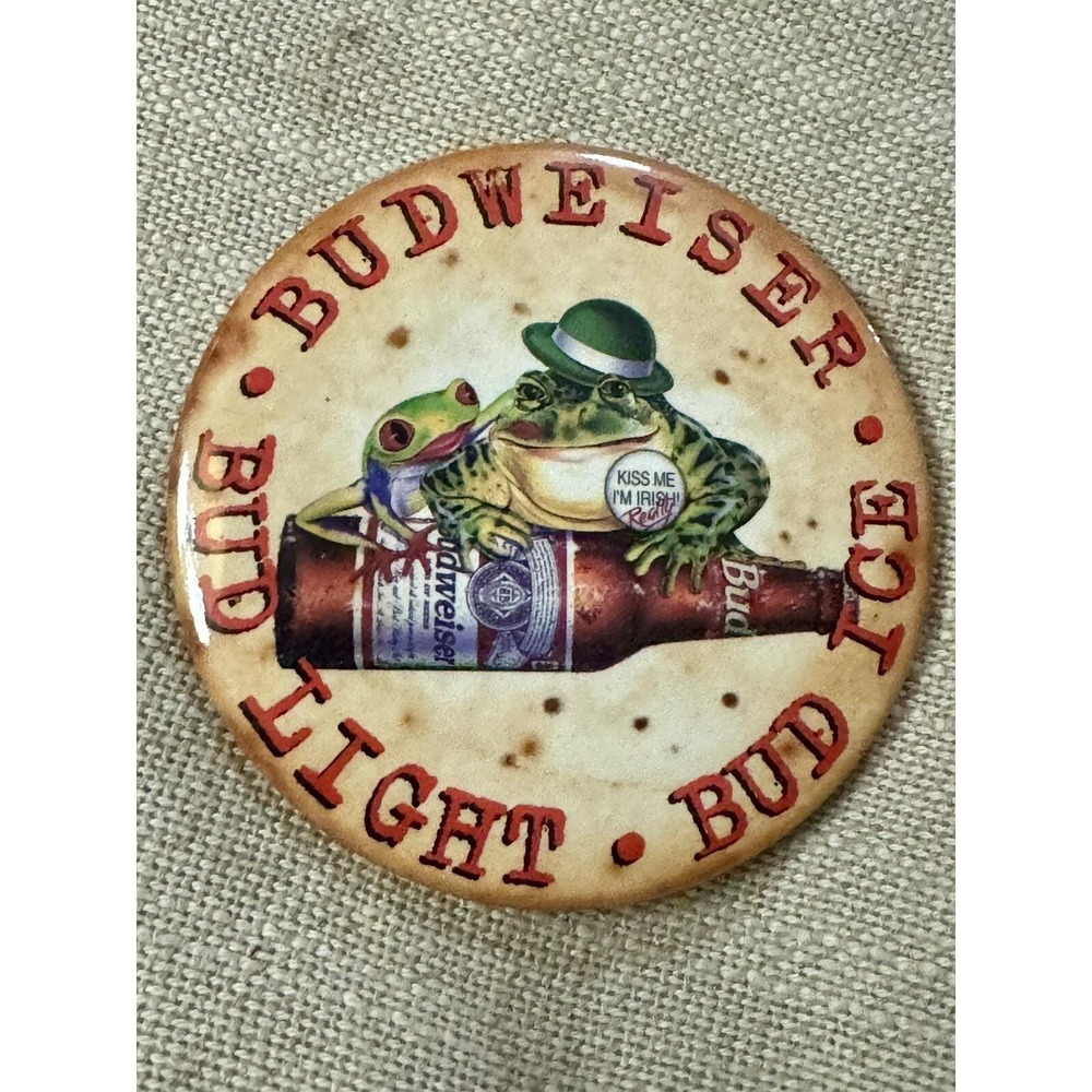 Budweiser Pinback Button 2.5" Cream Budweiser Frogs St‎ Patricks Day Vintage 90s